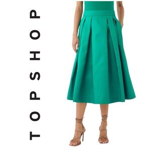 Topshop Green Pleated Midi Skirt